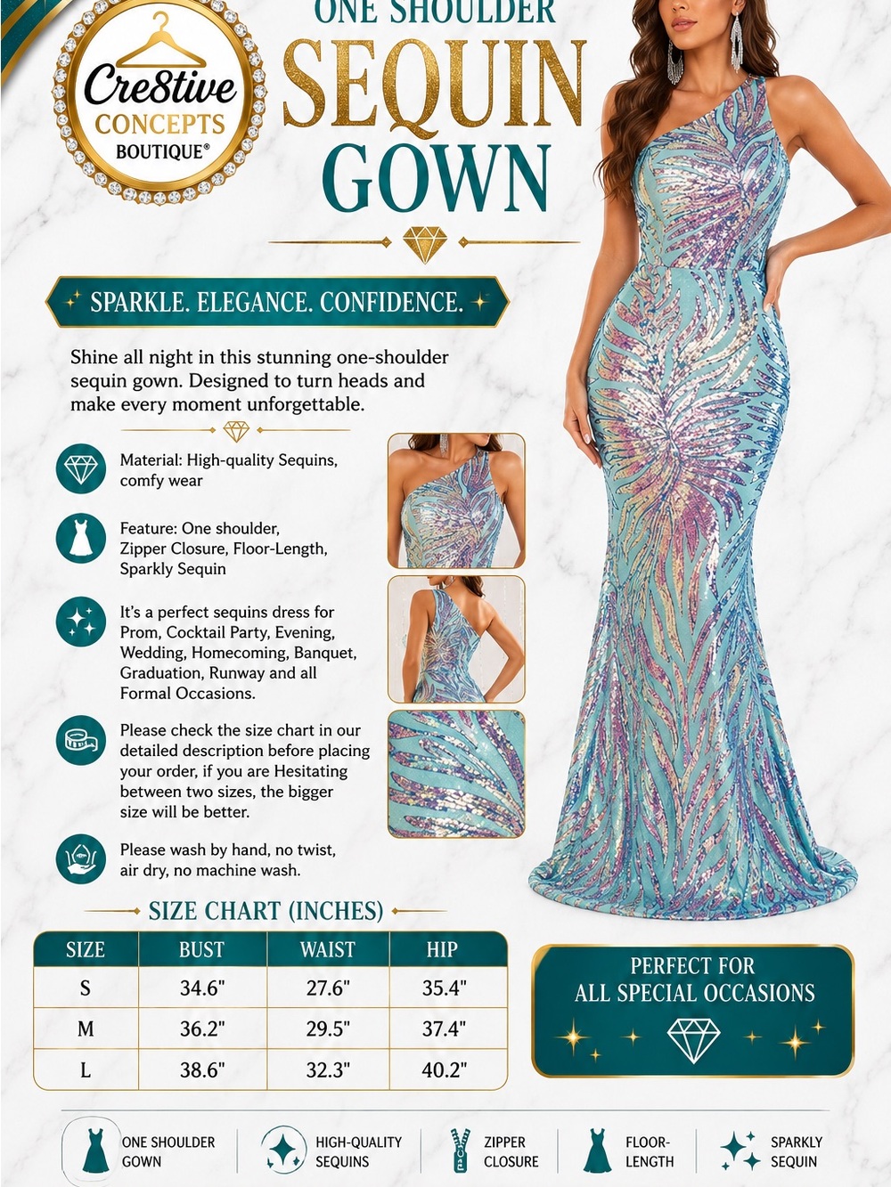 🇺🇸 One Shoulder Iridescent Sequin Mermaid Formal Gown